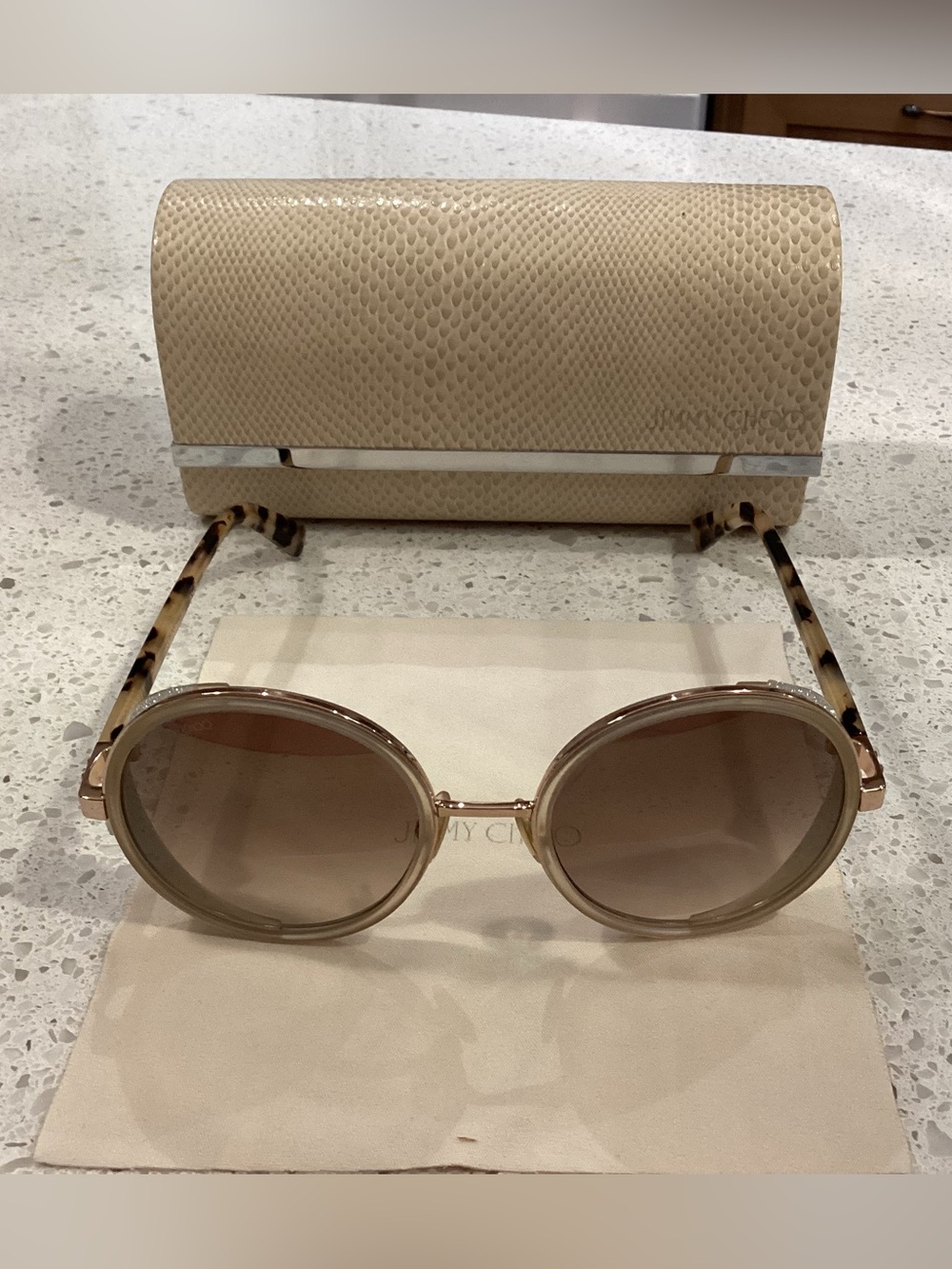 Jimmy Choo Beige Round Sunglasses with Tortoiseshell Arms